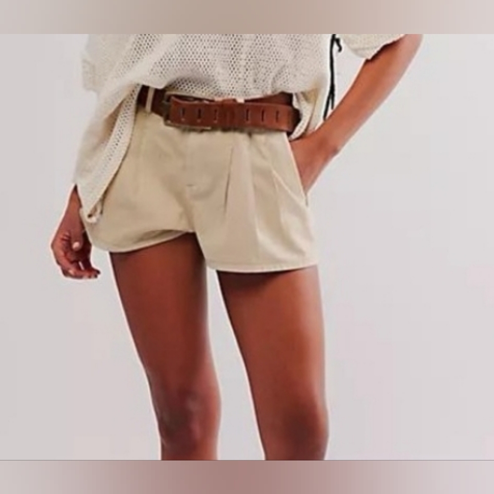 Free People Beige Pleated High-Waist Shorts